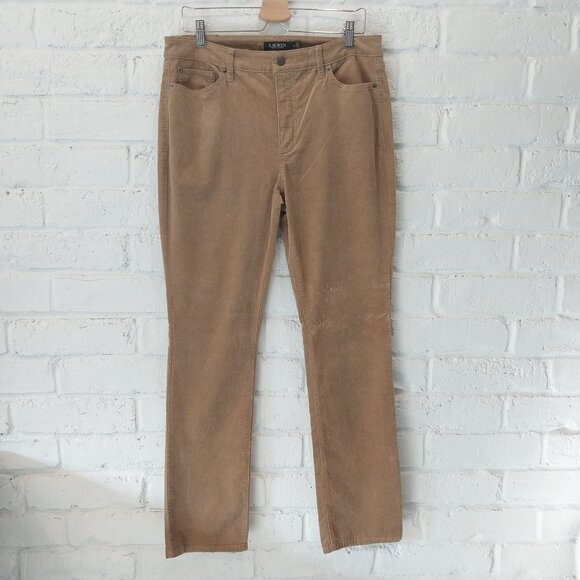 Lauren Ralph Lauren Corduroy Pants Women 12 Tan Camel Brown Straight Leg Stretch - Picture 1 of 10